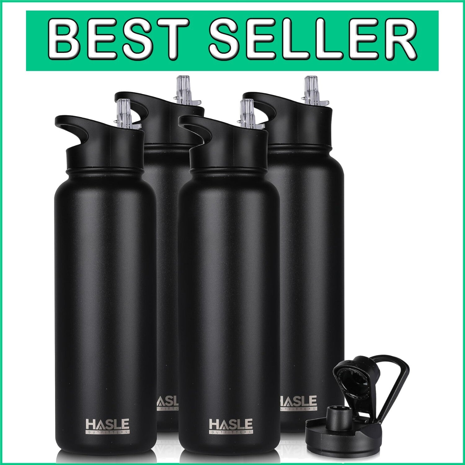 Double Walled 40oz Insulated Black Water Bottle with Straw & Spout Lid Bundle
