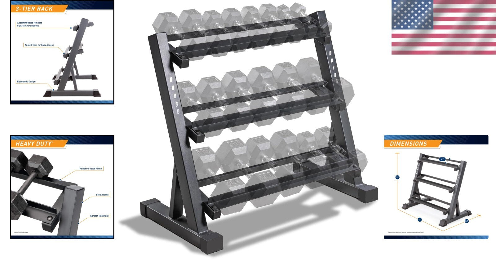 Durable Powder-Coated 3-Tier Weight Rack for Dumbbells and Kettlebells, Black