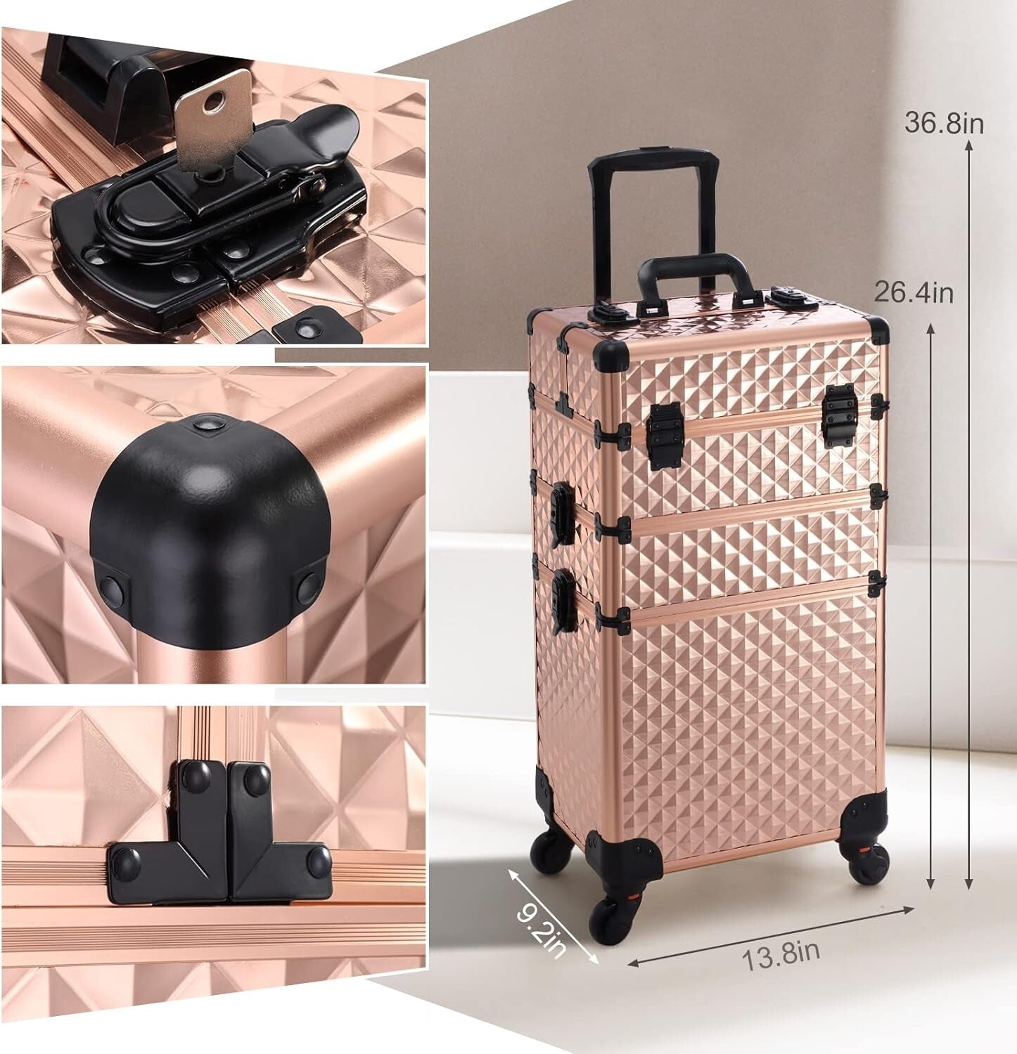 Diamond Pattern Cosmetic Rolling Case with Adjustable compartments & 4 Wheels