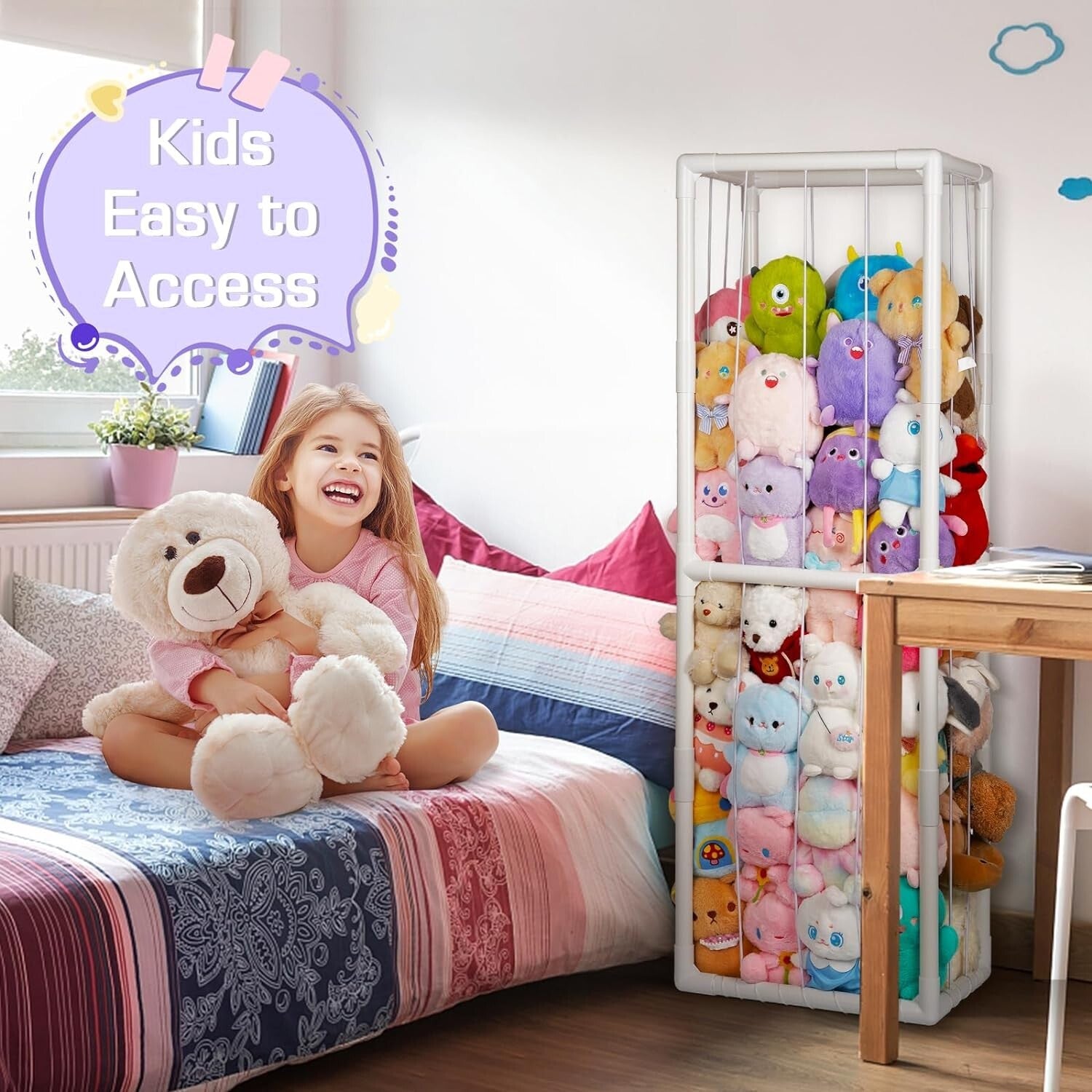 Easy Assembly Stuffed Animal Holder - Extra Large PVC Storage for Kids' Rooms