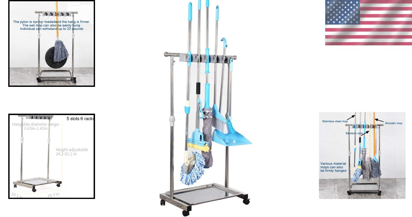 Lightweight Stainless Cleaning Tool Organizer with 5 Slots – Easy Assembly