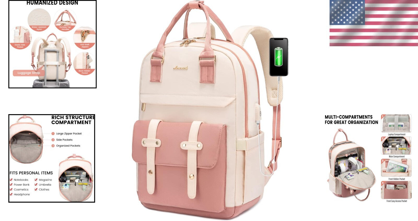 Stylish Water-Resistant Laptop Backpack with USB Port for Women - 15.6 Inch