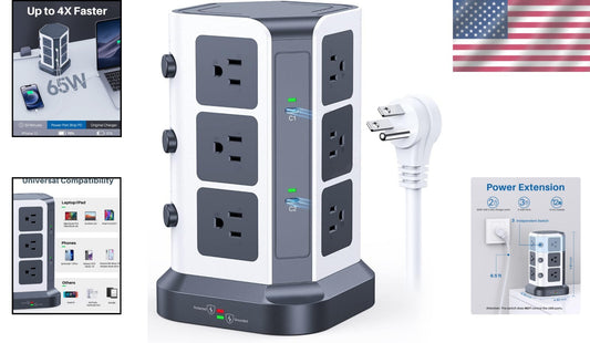 65W PD Power Strip Tower with 12 AC Outlets & USB Charging for Home Office
