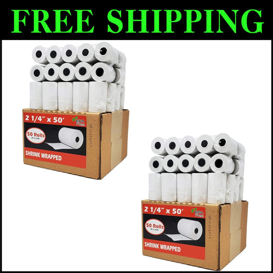 100 Premium German Thermal Paper Rolls - 2 1/4 x 50 Inches for POS Systems