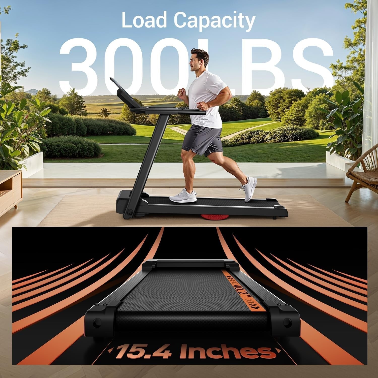 Premium Foldable Treadmill with Dual Cushion and Heart Rate Monitoring, 300lbs