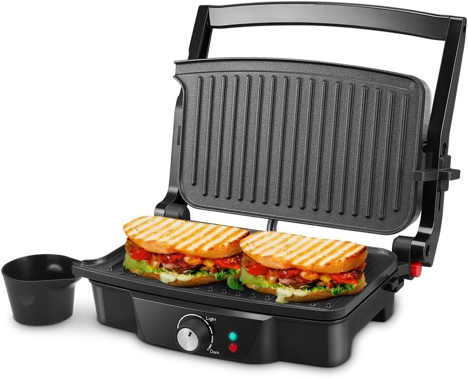 PFOA & BPA Free Panini Press - 2 Slice Non-Stick Electric Grill with Oil Cups