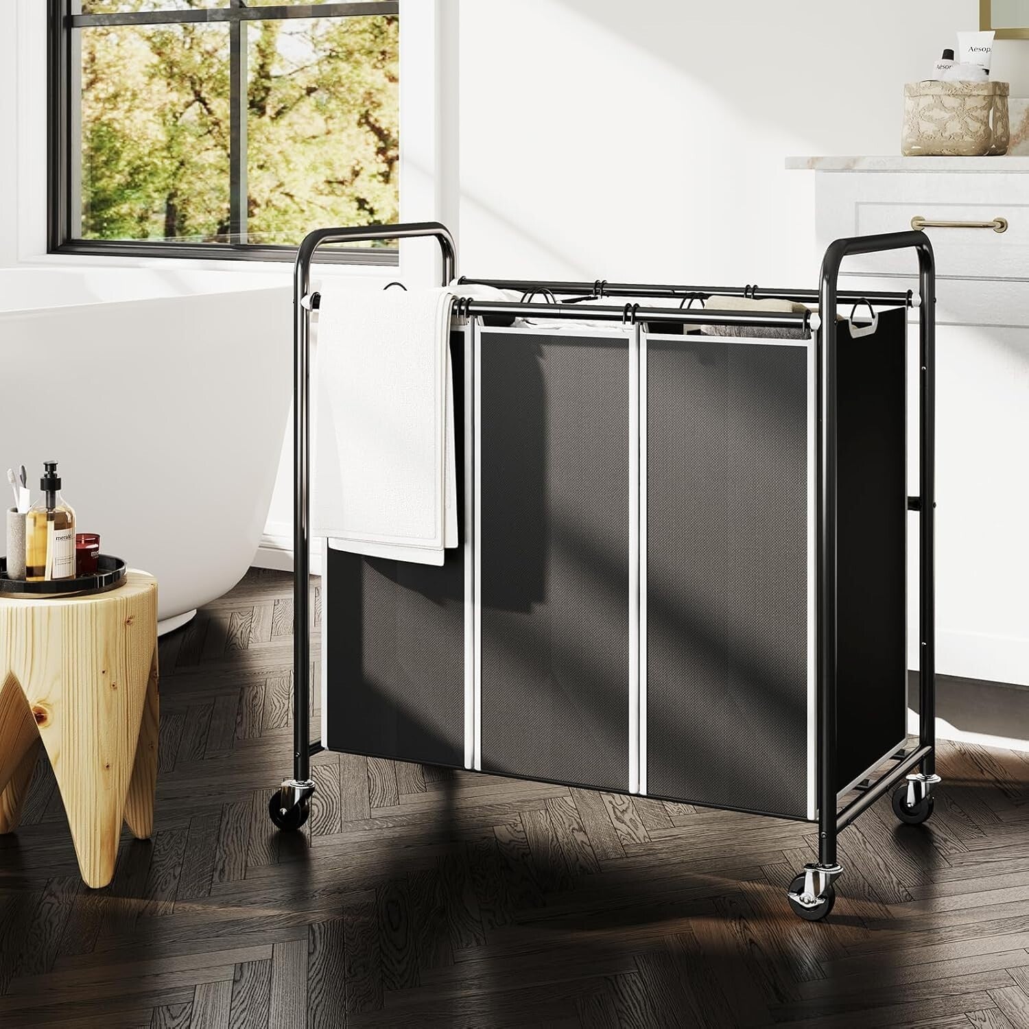 Eco-Conscious Laundry Sorter Cart with Waterproof Bags & Locking Wheels, Black