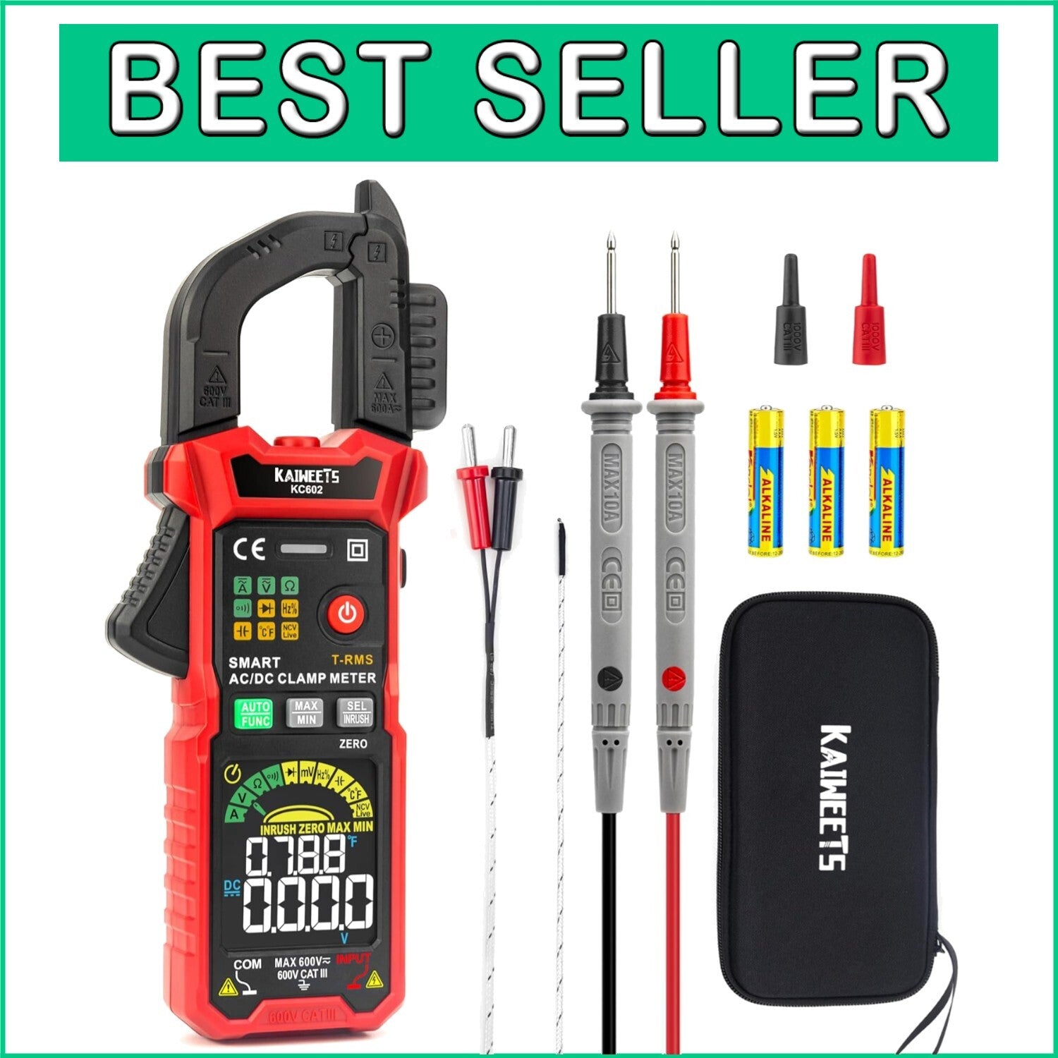 Battery-Powered Clamp Multimeter with Temperature Measurement & Safety Features