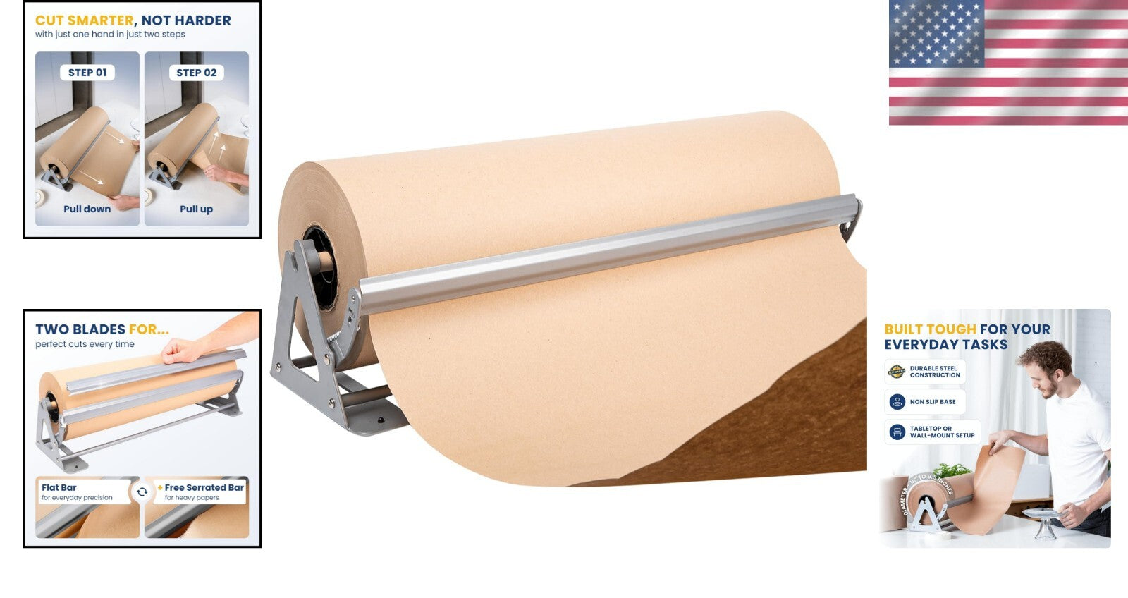Durable 24" Paper Roll Dispenser & Easy-Cut Wall Mount Cutter - Non-Slip Design