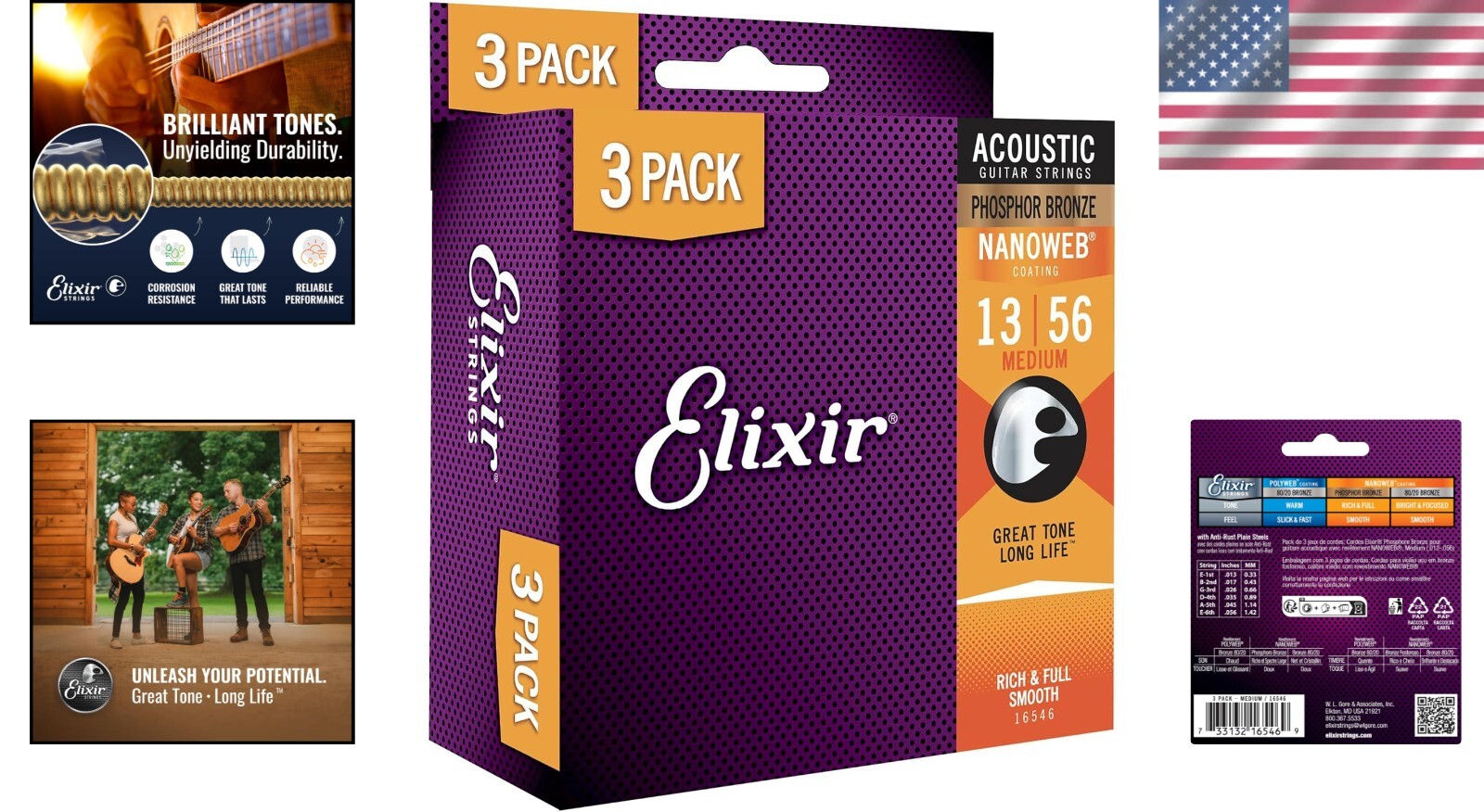 Premium Phosphor Bronze Acoustic Guitar Strings with NANOWEB Coating - 3 Pack