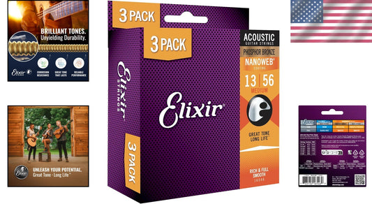 Premium Phosphor Bronze Acoustic Guitar Strings with NANOWEB Coating - 3 Pack