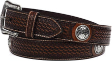 Load image into Gallery viewer, Men's Basketweave Leather Concho Belt with Silver Floral Details - Sizes 32-46