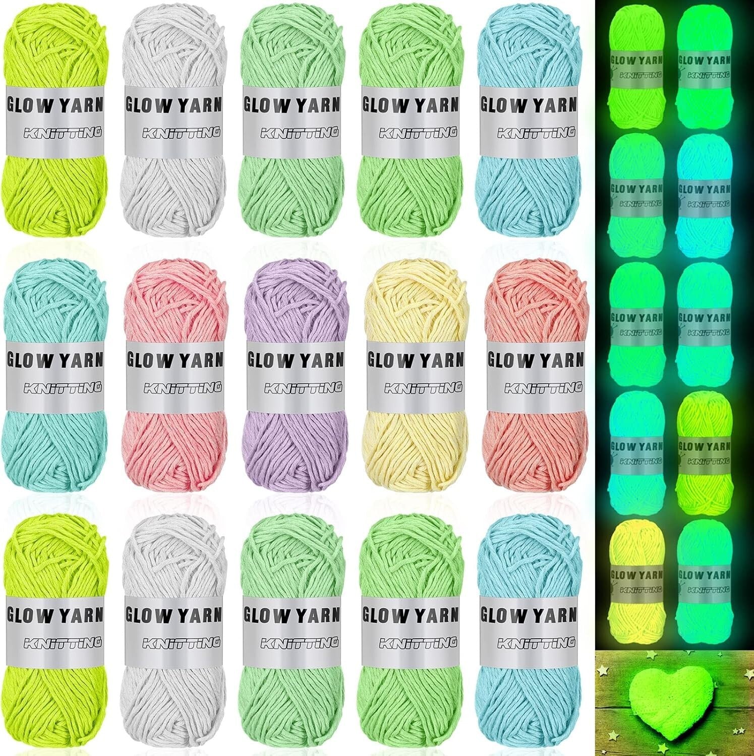 15-Pack Glow in The Dark Yarn Rolls - Perfect for Colorful DIY Crafts & Knitting