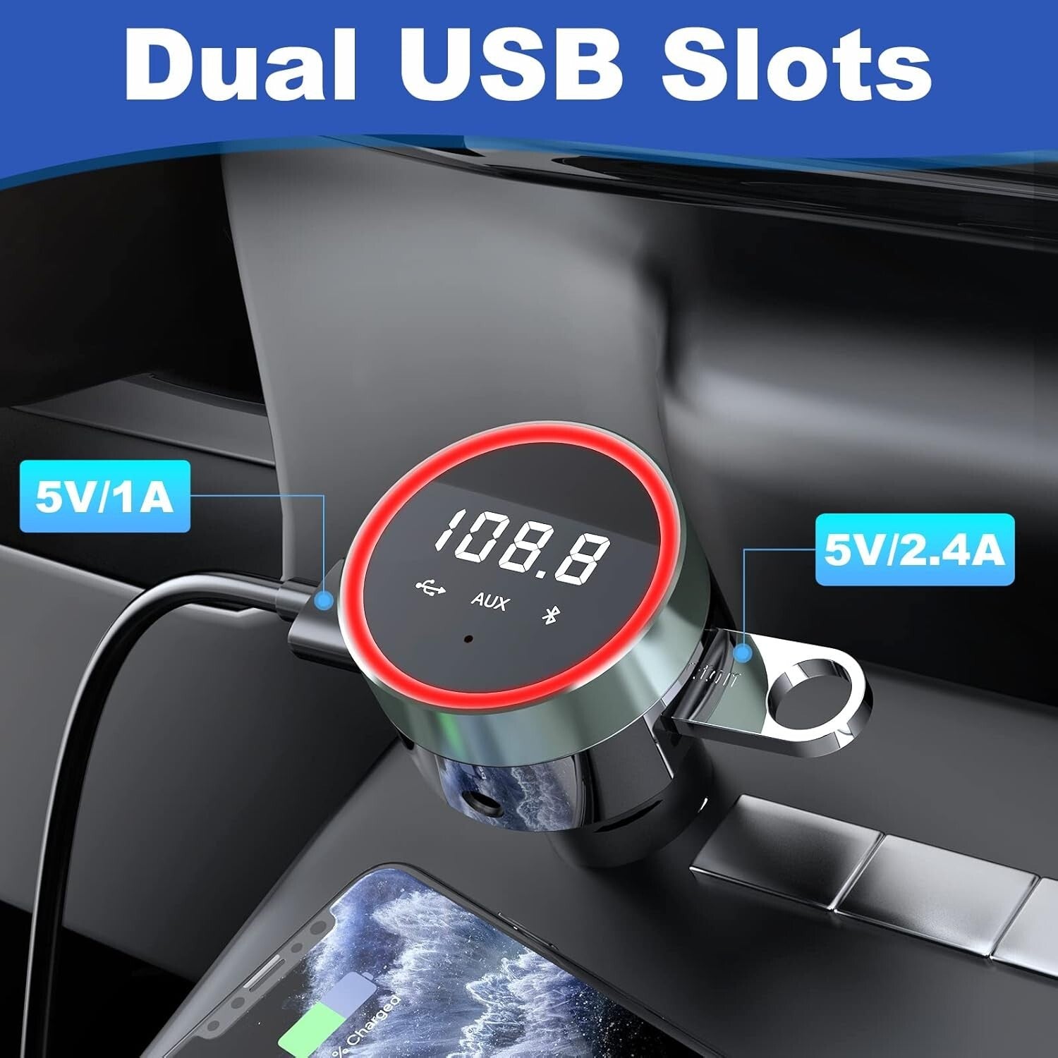 Bluetooth Car Adapter with Remote & Dual USB Charger - Hands-Free FM Transmitter