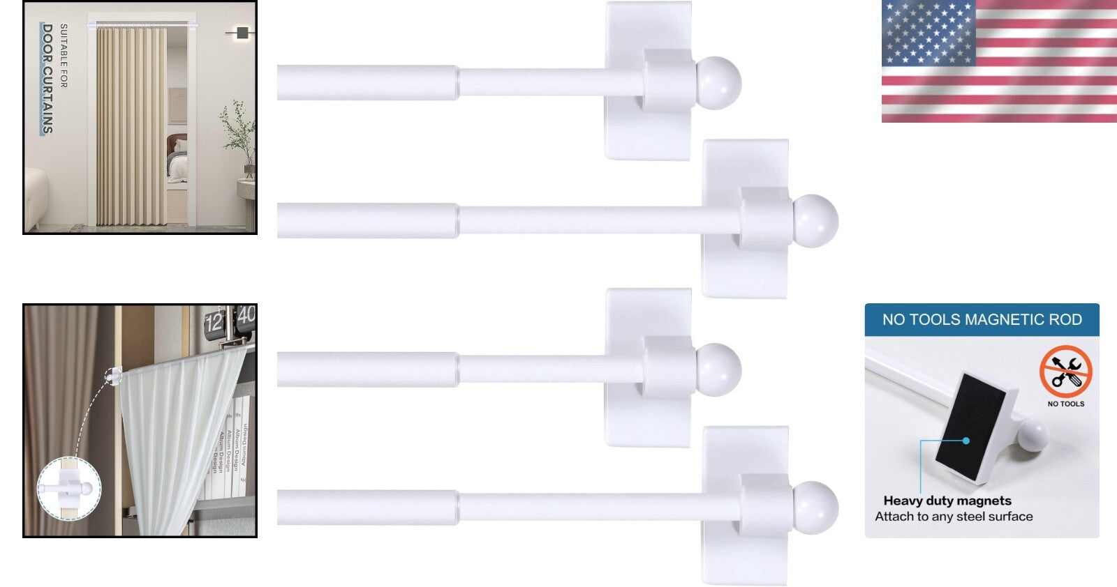 4 Pack Adjustable Magnetic Curtain Rods for Metal Doors - Elegant Home Decor