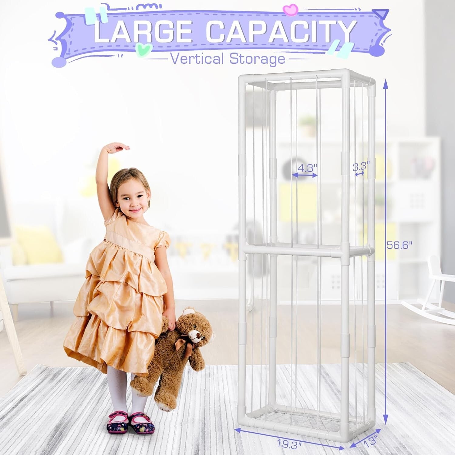 Easy Assembly Stuffed Animal Holder - Extra Large PVC Storage for Kids' Rooms