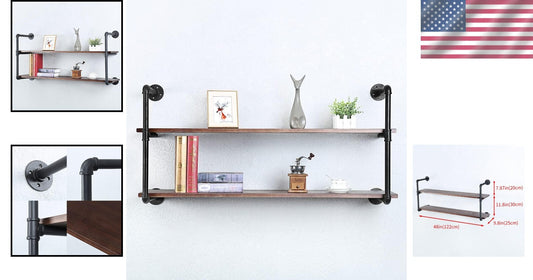 48in Industrial Pipe Floating Bookshelves - Rustic Metal & Wood Wall Storage