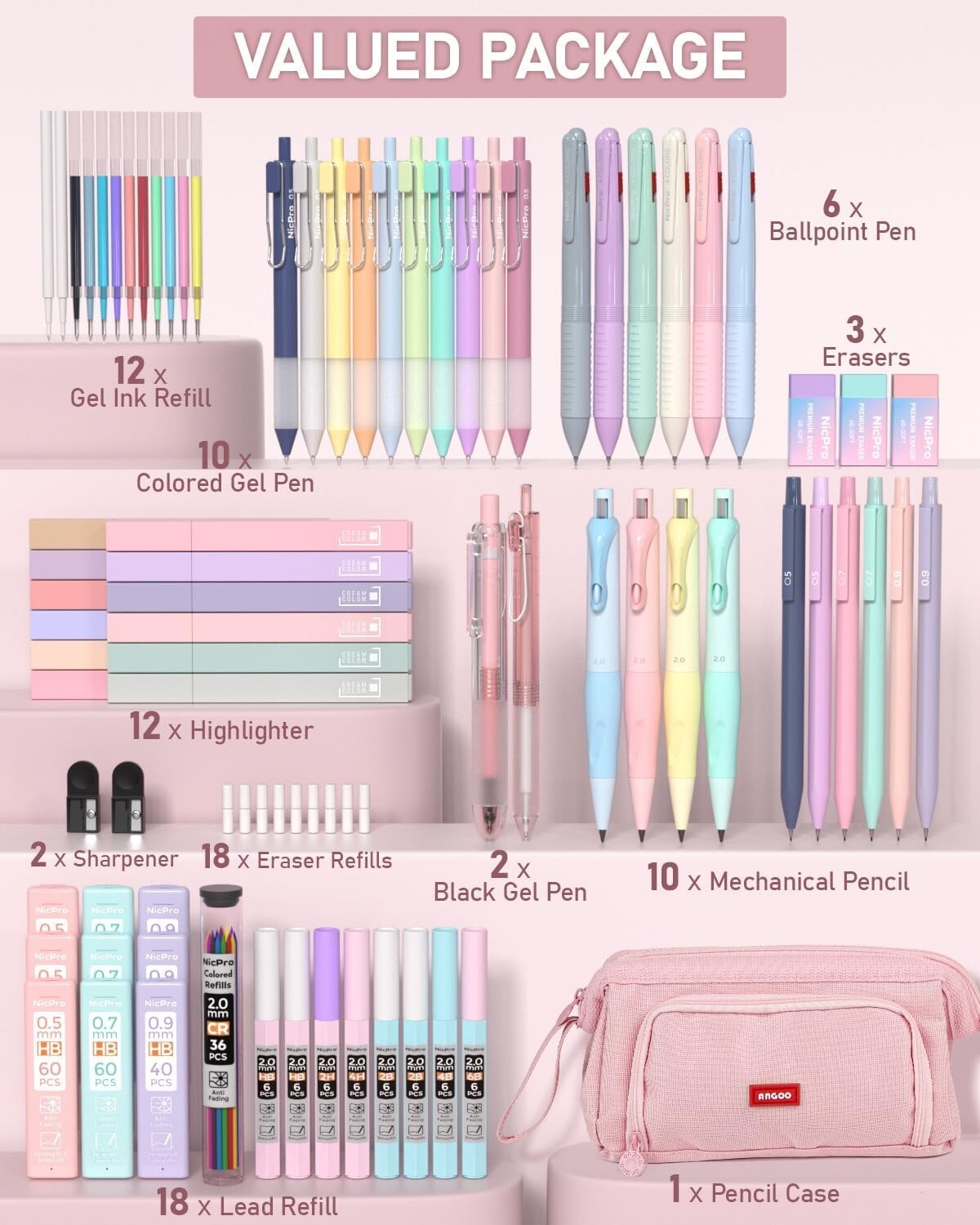 78-Piece Aesthetic School Supplies Set with Cute Pastel Pen Case & Highlighters