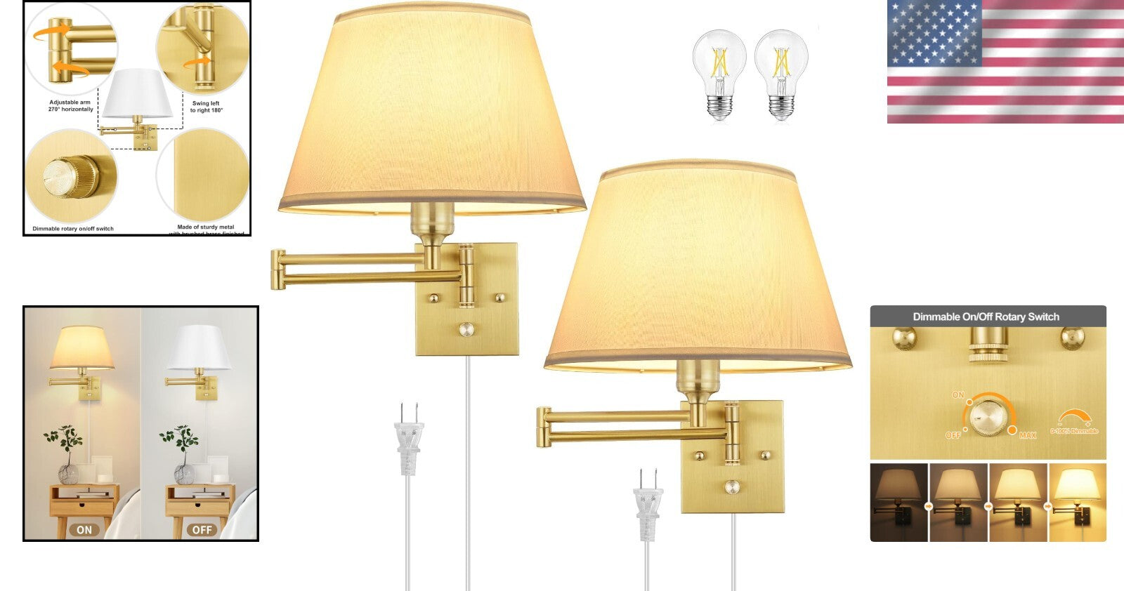 Adjustable Swing Arm Dimmable Wall Sconces - Elegant Design with Fabric Shade