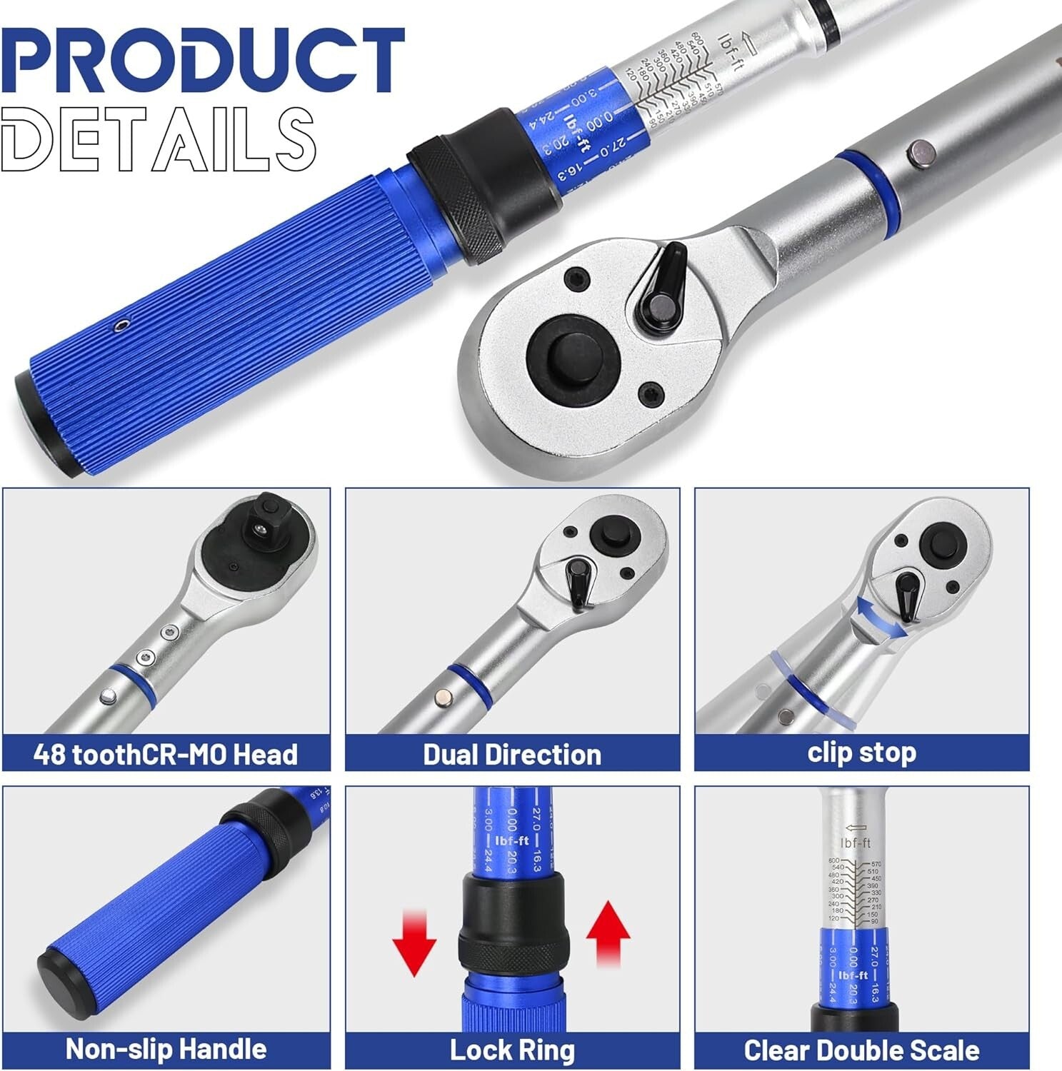 High-Precision 3/4-Inch Drive Click Torque Wrench 100-600FT.LB/135-815N.M
