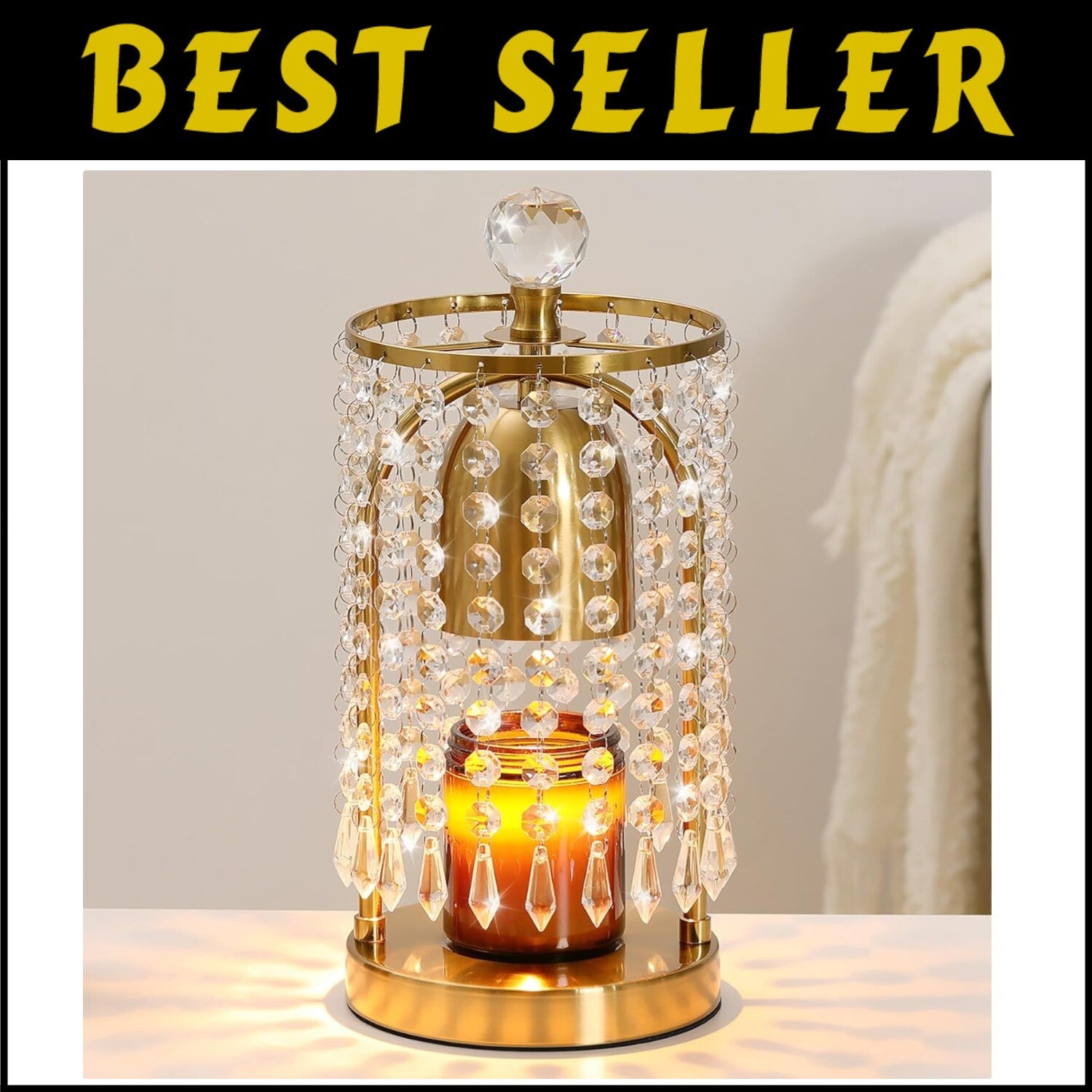 Versatile Dimmable Candle Warmer in Gold: Timer, Bulbs Included, Crystal Accents