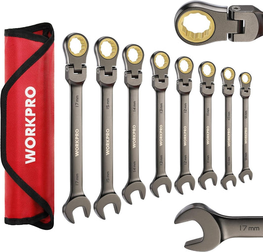 8-Piece Metric Flex-Head Ratcheting Wrench Set - 9-17 mm with Organizer Bag