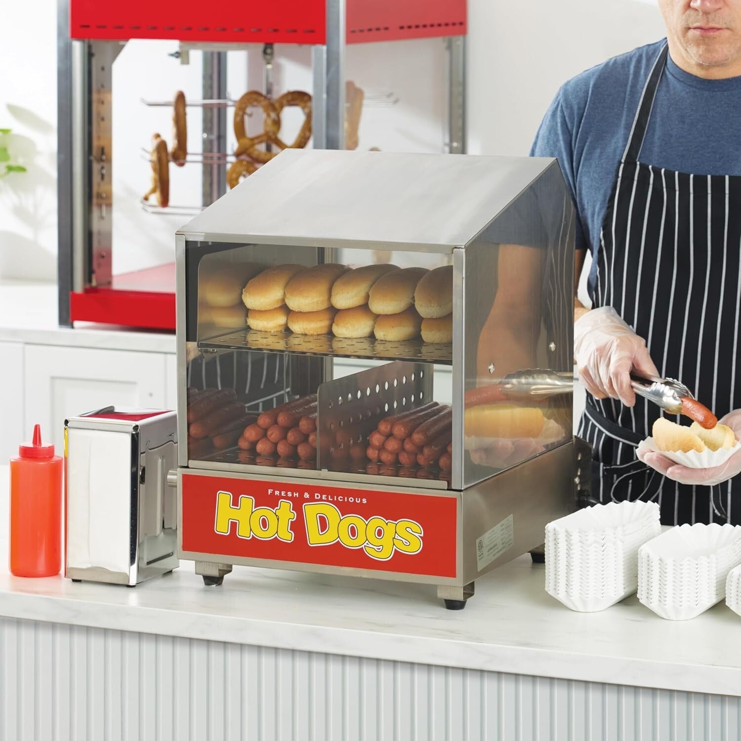 Commercial Hotdog Steamer - Holds 164 Dogs & 36 Buns, Stainless Steel Design