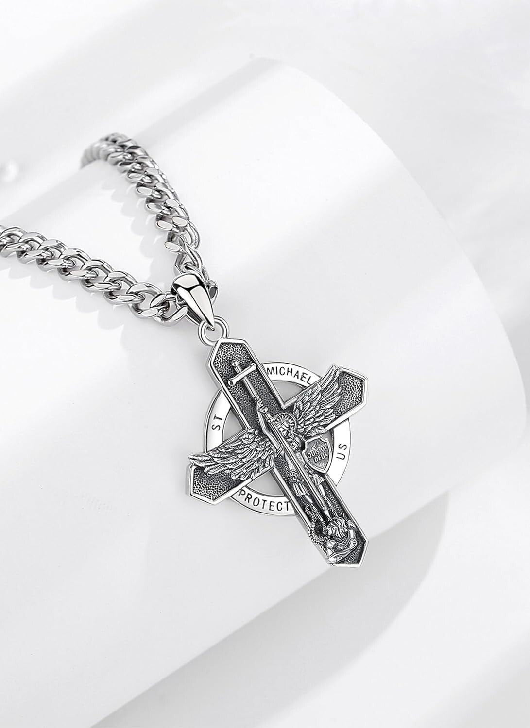 925 Sterling Silver St. Michael Cross Pendant with Cuban Chain - Spiritual Gift