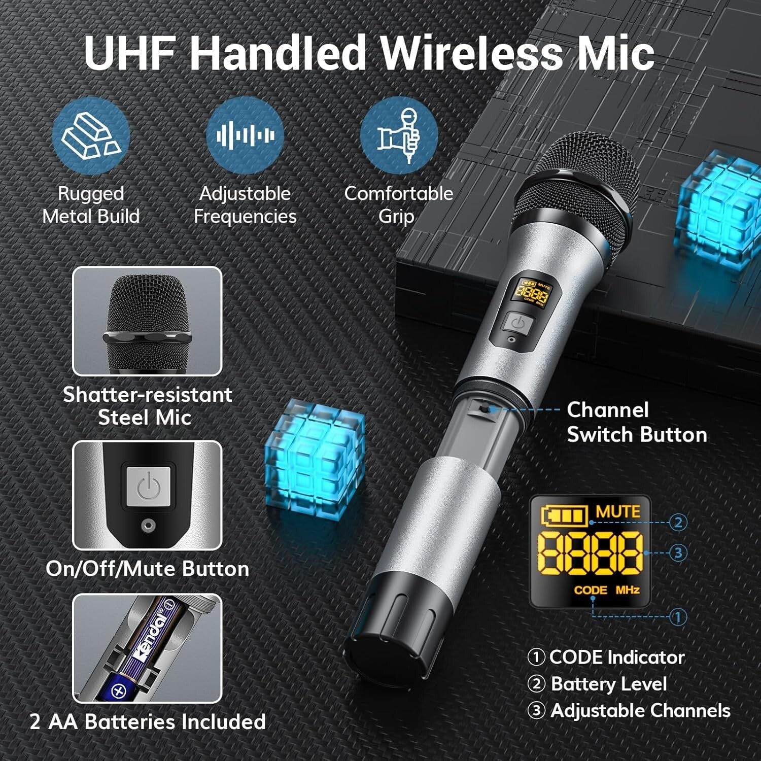 Durable UHF Wireless Mic System - 12 Channels, 8 Handheld Mics, Mute Function
