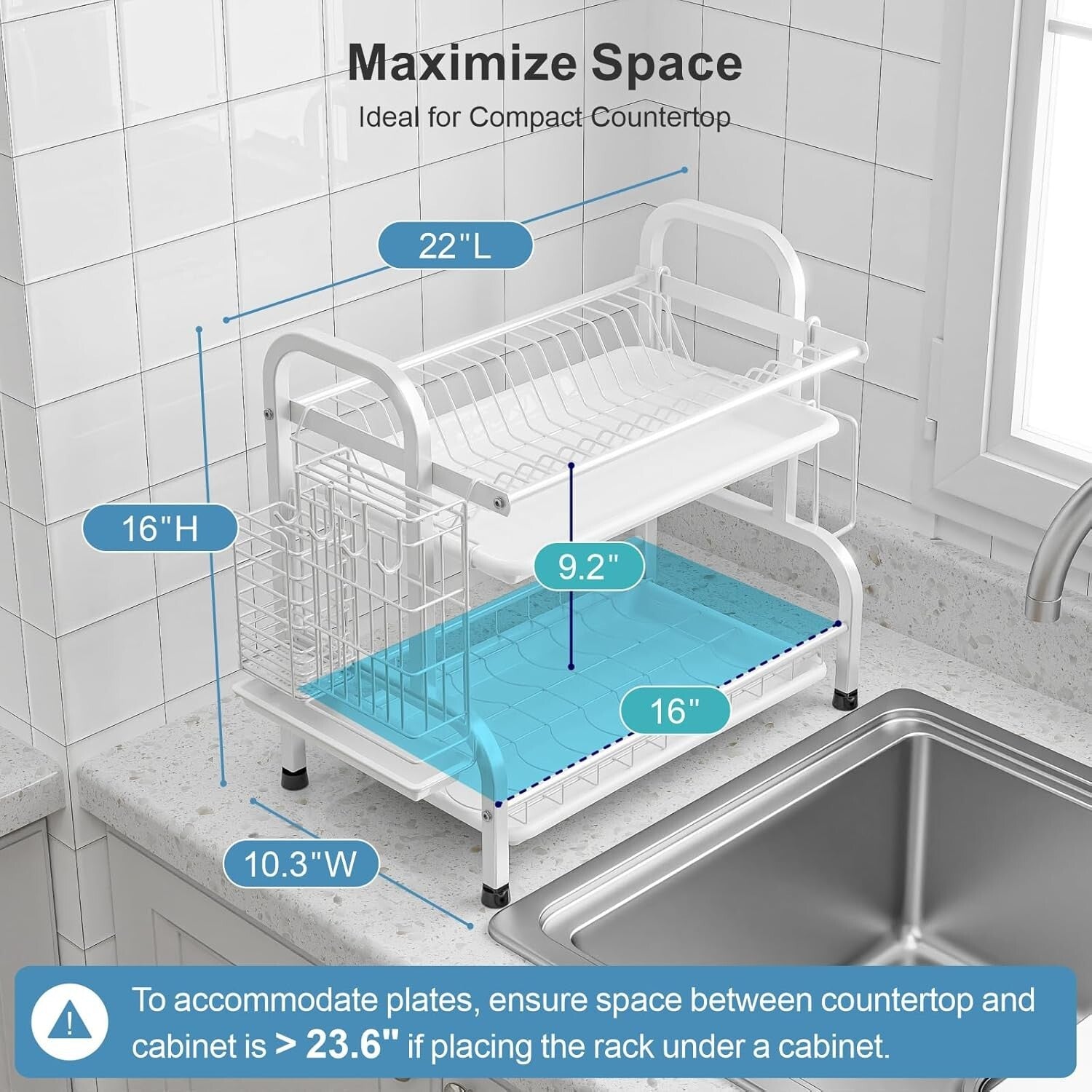 Durable Stainless Steel Dish Drying Rack - 2 Tiers with Utensil & Knife Storage