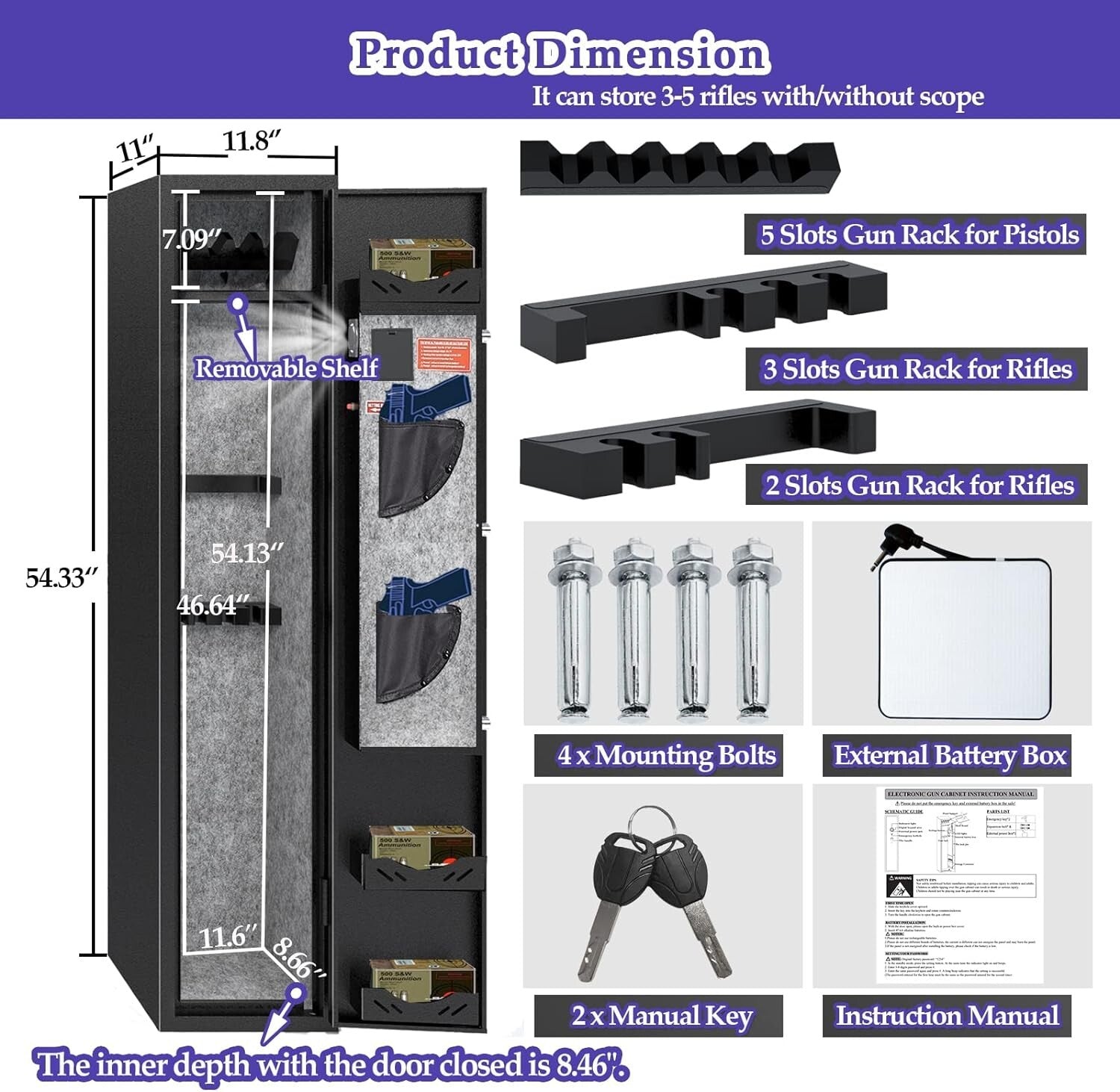 Secure 3-5 Gun Cabinet with Adjustable Racks - Quick Access for Home Protection
