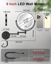 Load image into Gallery viewer, Stainless Steel 9" Wall-Mounted Magnifying Mirror with Extendable Arm &amp; LEDs
