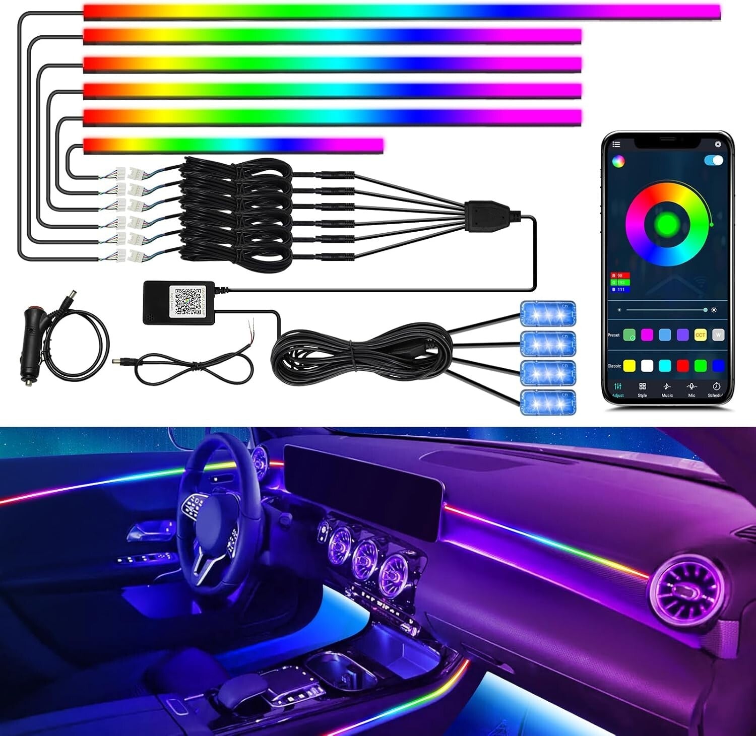 Dreamcolor 10-in-1 Waterproof Car LED Strip Lights with APP Control & 213 Modes