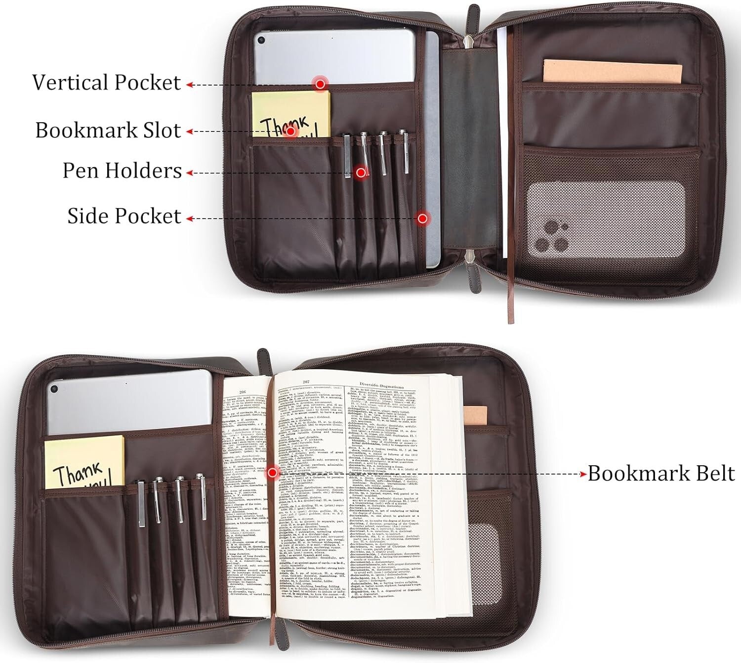 Luxurious Leather Bible Carrying Case Organizer with Zipper Closure - Dark Brown