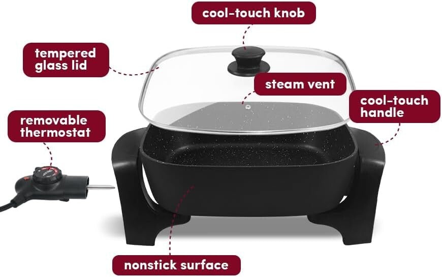 Family-Sized 7.5Qt Electric Skillet - 12" Deep Non-Stick with Tempered Glass Lid