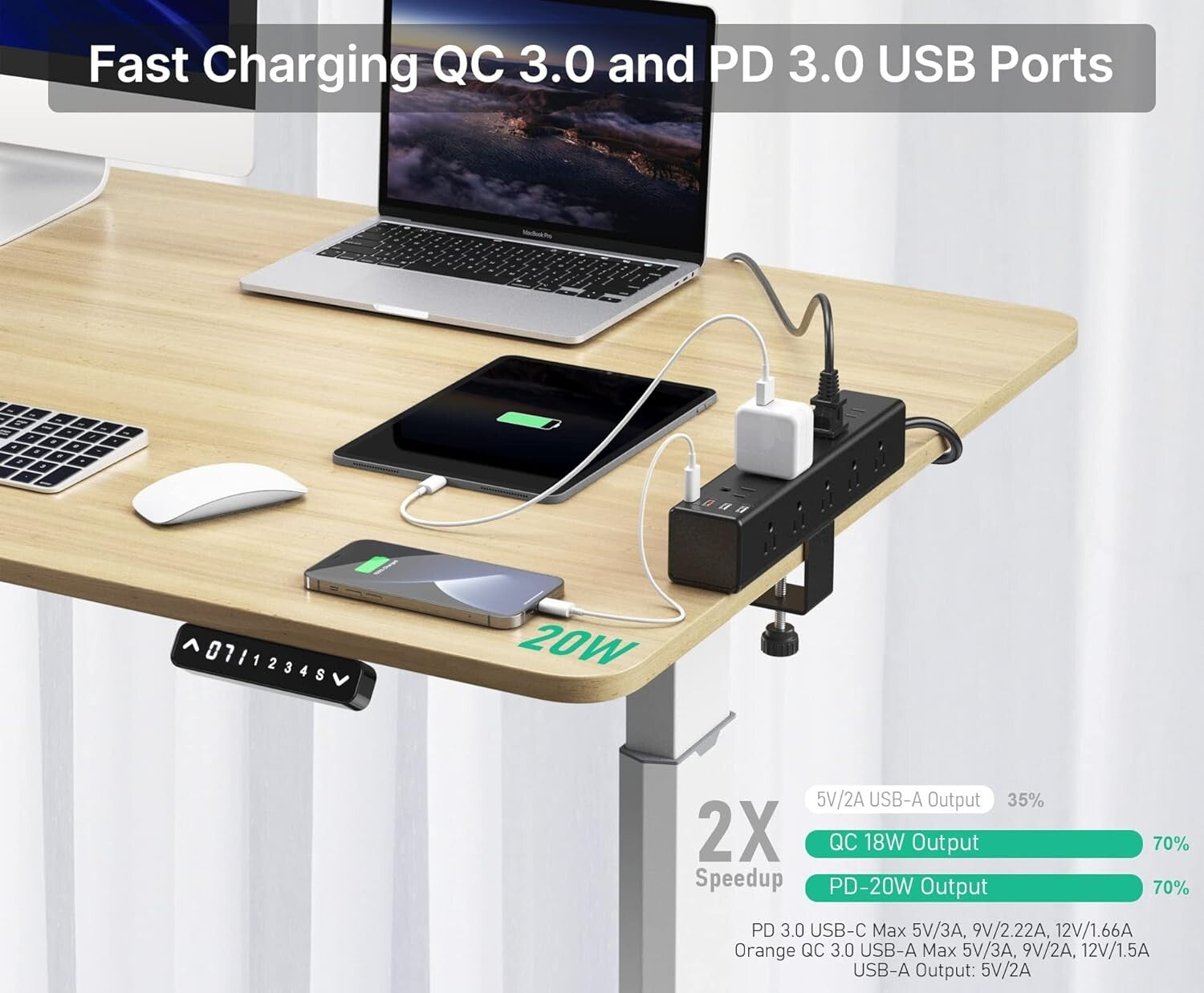 Surge-Protected Desk Clamp Power Strip with 15 Outlets - Ideal for Home Office