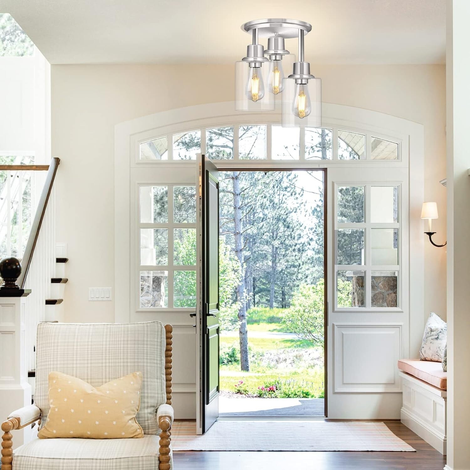 Elegant Dimmable Ceiling Light with Clear Glass Shades in Brushed Nickel Finish