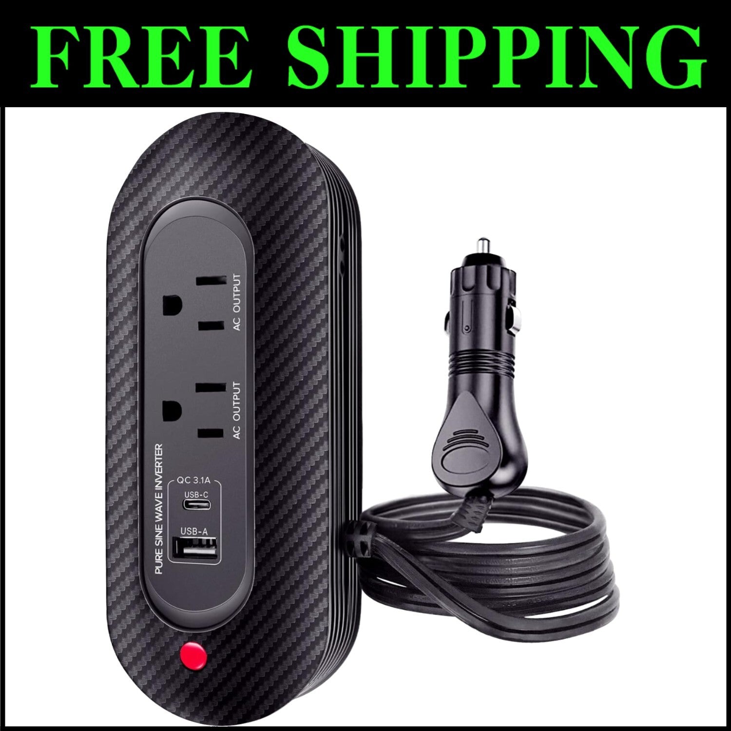 200W Pure Sine Wave Car Power Inverter - Compact Adapter with Dual AC Outlets