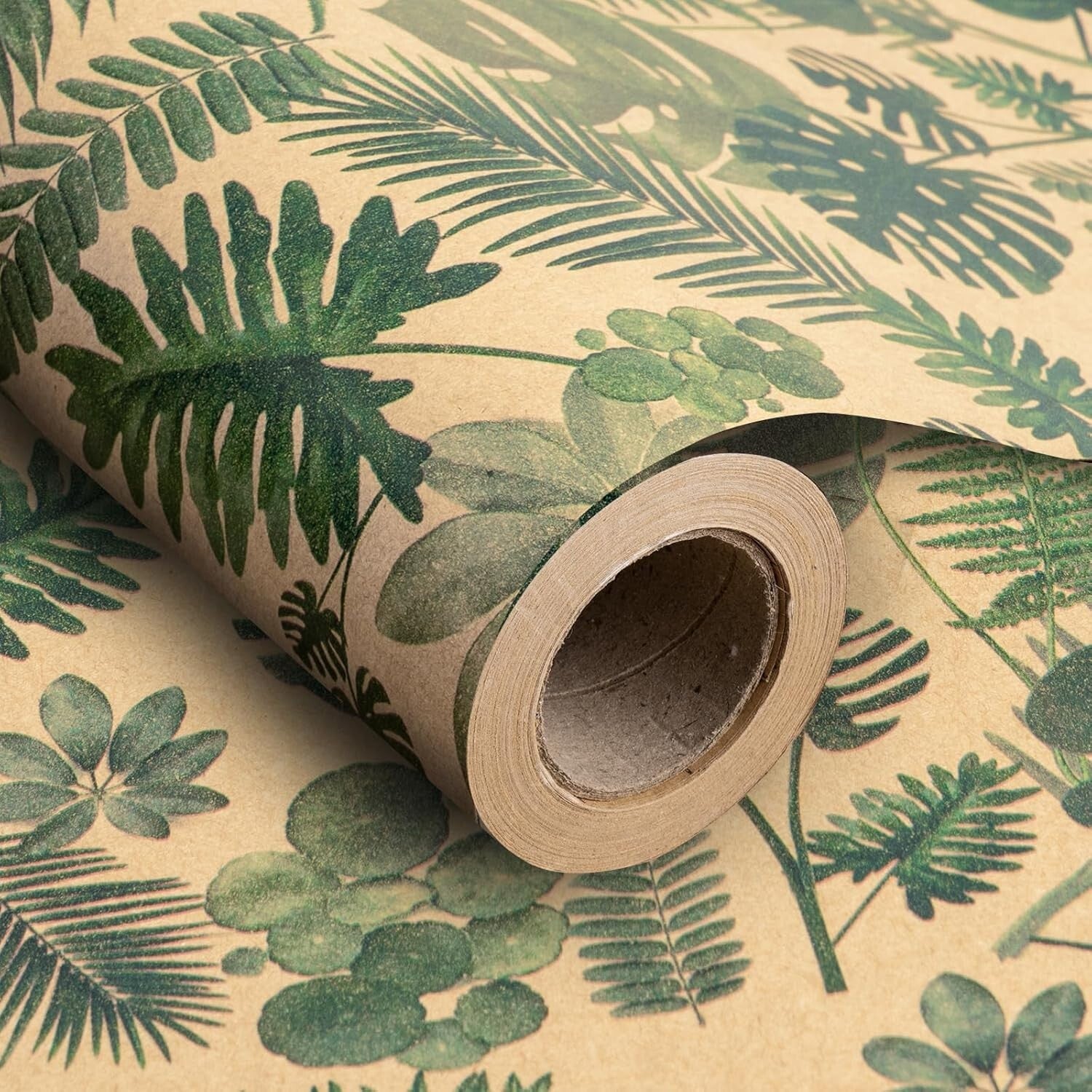 Eco-Friendly Kraft Wrapping Paper Roll with Floral Green Leaves - 196 Sq Ft