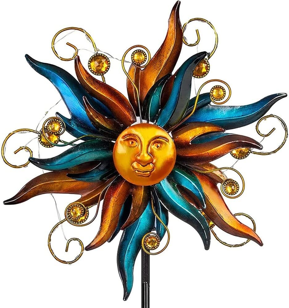 Unique Face Design Solar Garden Wind Spinner with LED Lights - Easy Installation