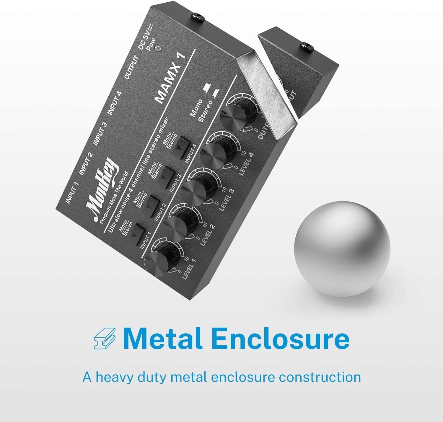 4 Stereo Channel Mini Audio Mixer with Low Noise for Guitars & Keyboards