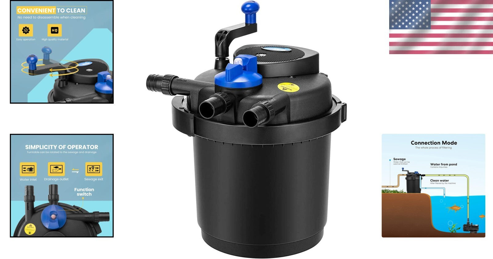 Easily Maintained Pond Filter with 13-Watt UV Light & Crank Cleaning Mechanism