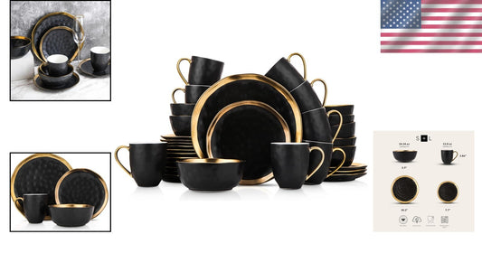 Sophisticated Gold-Accented Black Porcelain Dish Set, Service for 8 - Florian