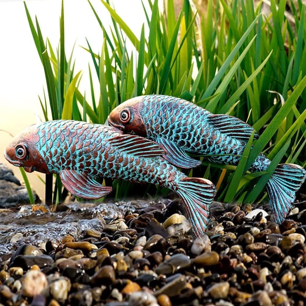 Unique Antique Koi Fish Garden Statues with 2 Iron Poles - Indoor & Outdoor