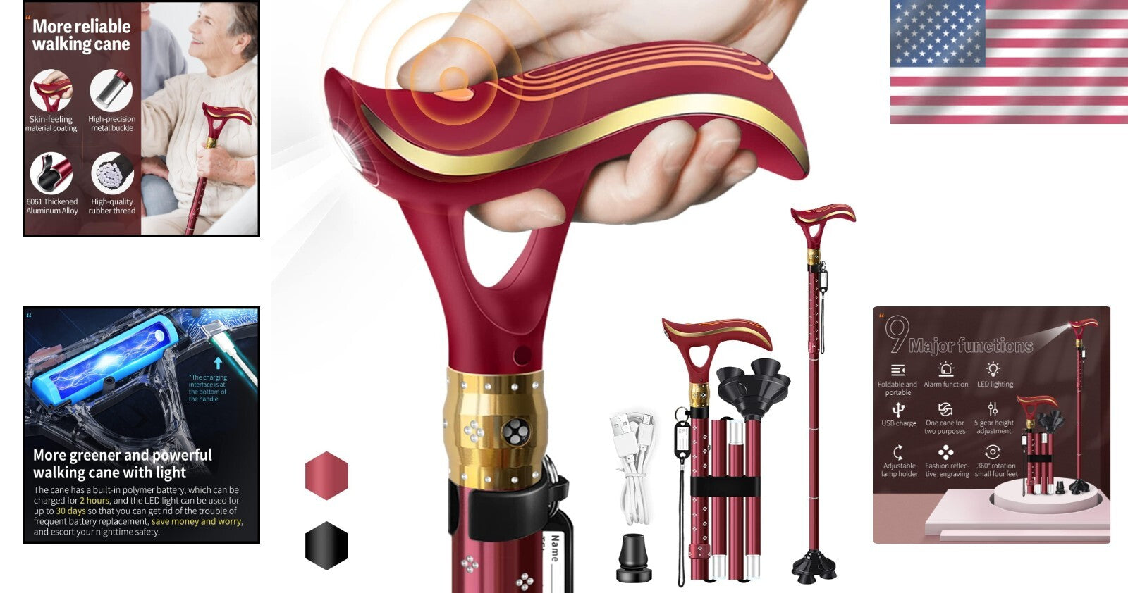 Adjustable Smart Alarm Cane with LED Light - Portable and Ergonomic Design