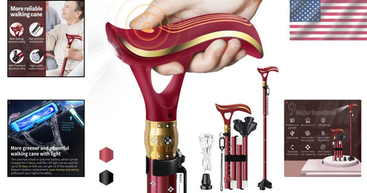 Adjustable Smart Alarm Cane with LED Light - Portable and Ergonomic Design