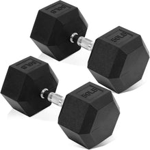 Load image into Gallery viewer, Weight Training Made Easy with 50 lb Rubber Coated Hex Dumbbell Pair