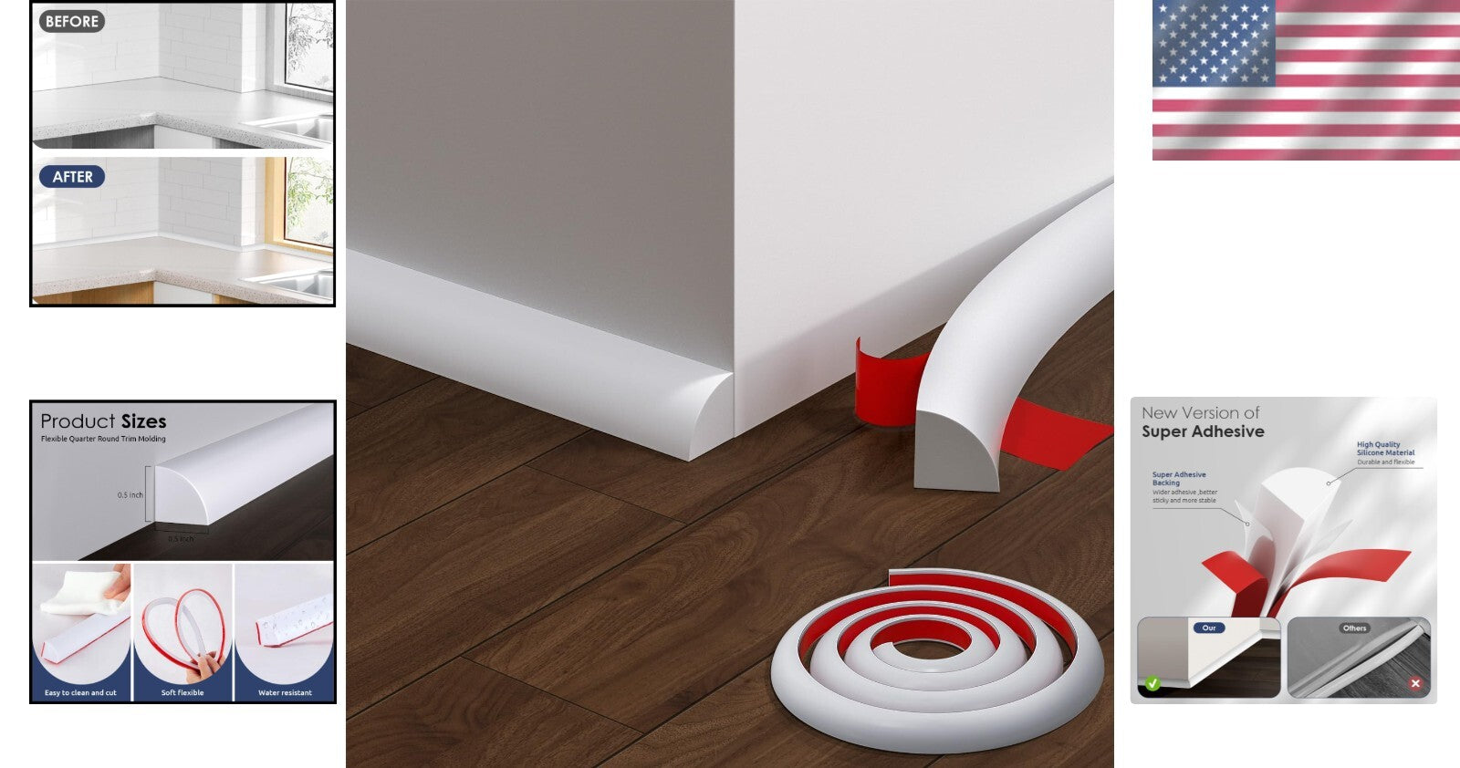 Flexible 158 Inch Rubber Peel and Stick Quarter Round Molding - Waterproof Trim