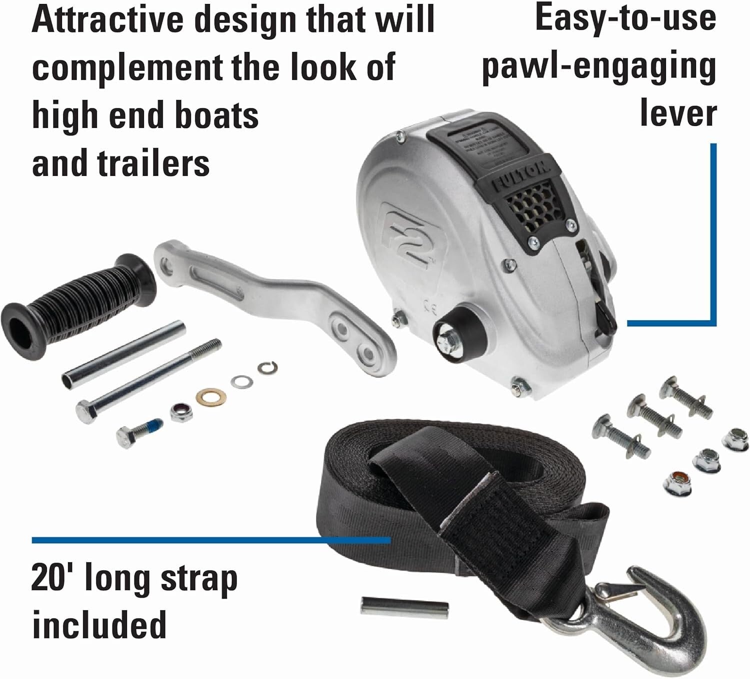 Dual Gear F2 Trailer Winch - 1,600 lbs Capacity with 20' Strap & Mounting Kit