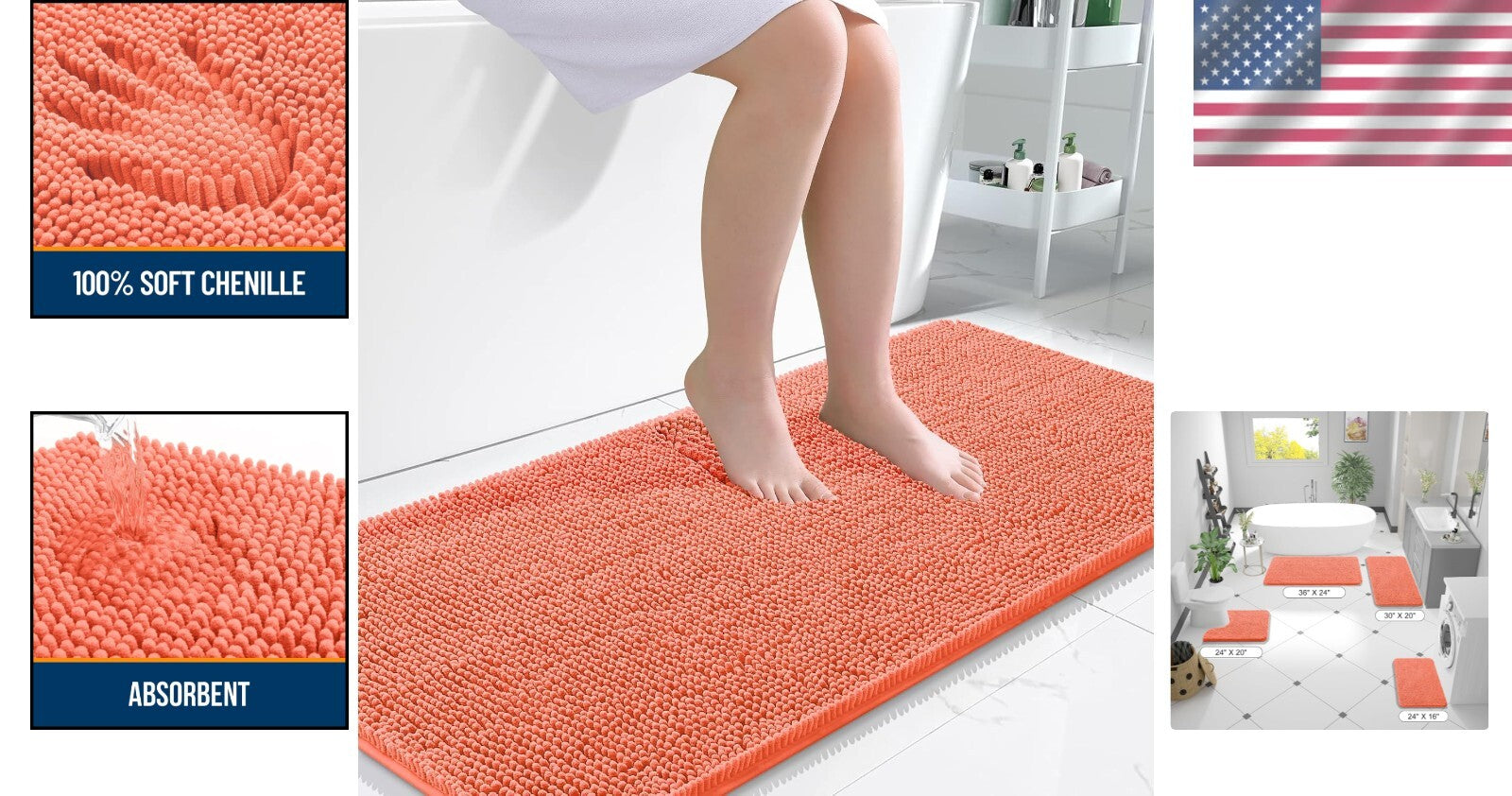 47x24 Modern Coral Chenille Bath Mat - Ultra-Absorbent & Fast-Drying Design
